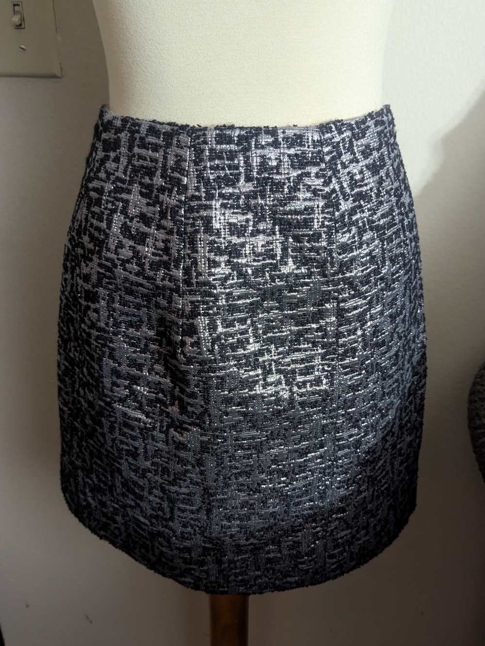 Bensoni Metallic Silver Black Wool Tweed Mini Skirt 6